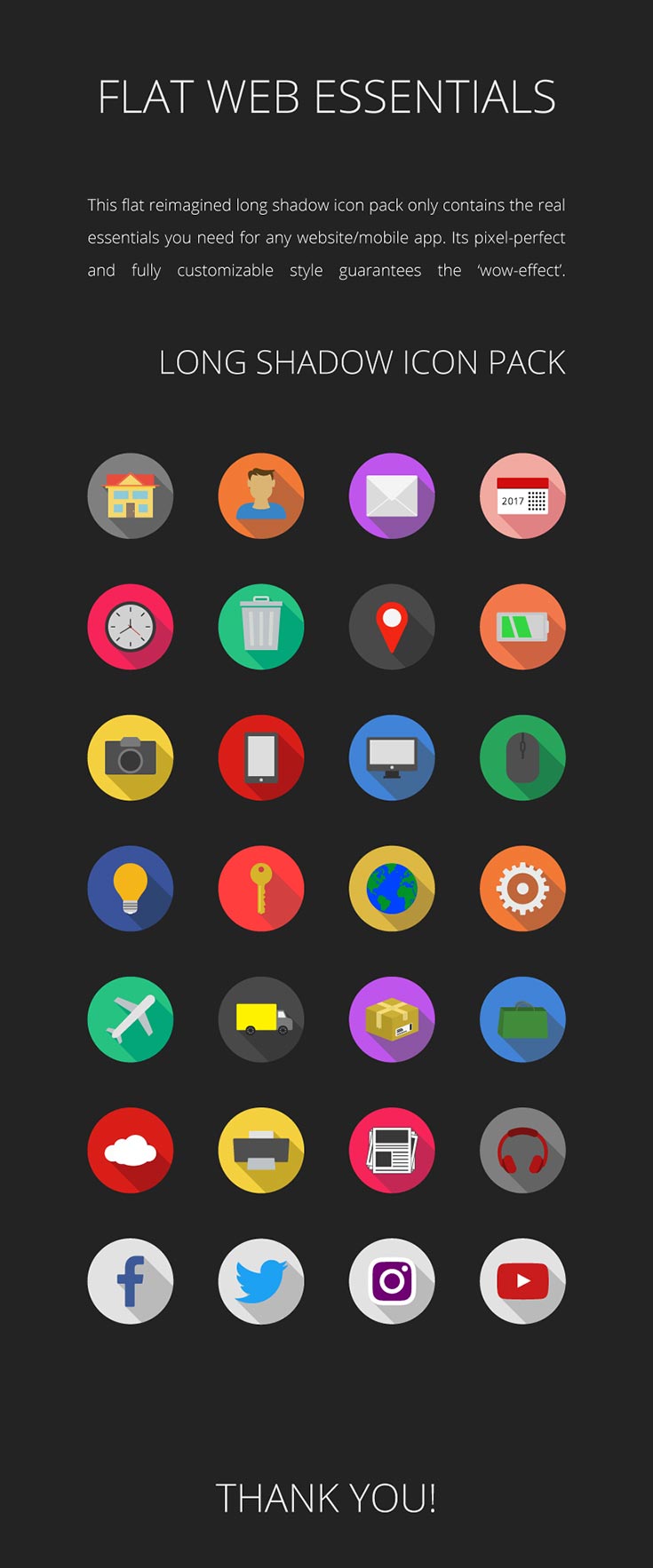 735x1766 Free Flat Web Essentials Long Shadow Icon Pack
