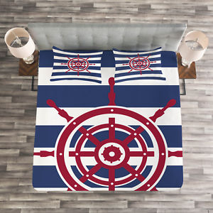 300x300 Nautical Quilted Bedspread Pillow Shams Set, Red Ship Wheel Icon