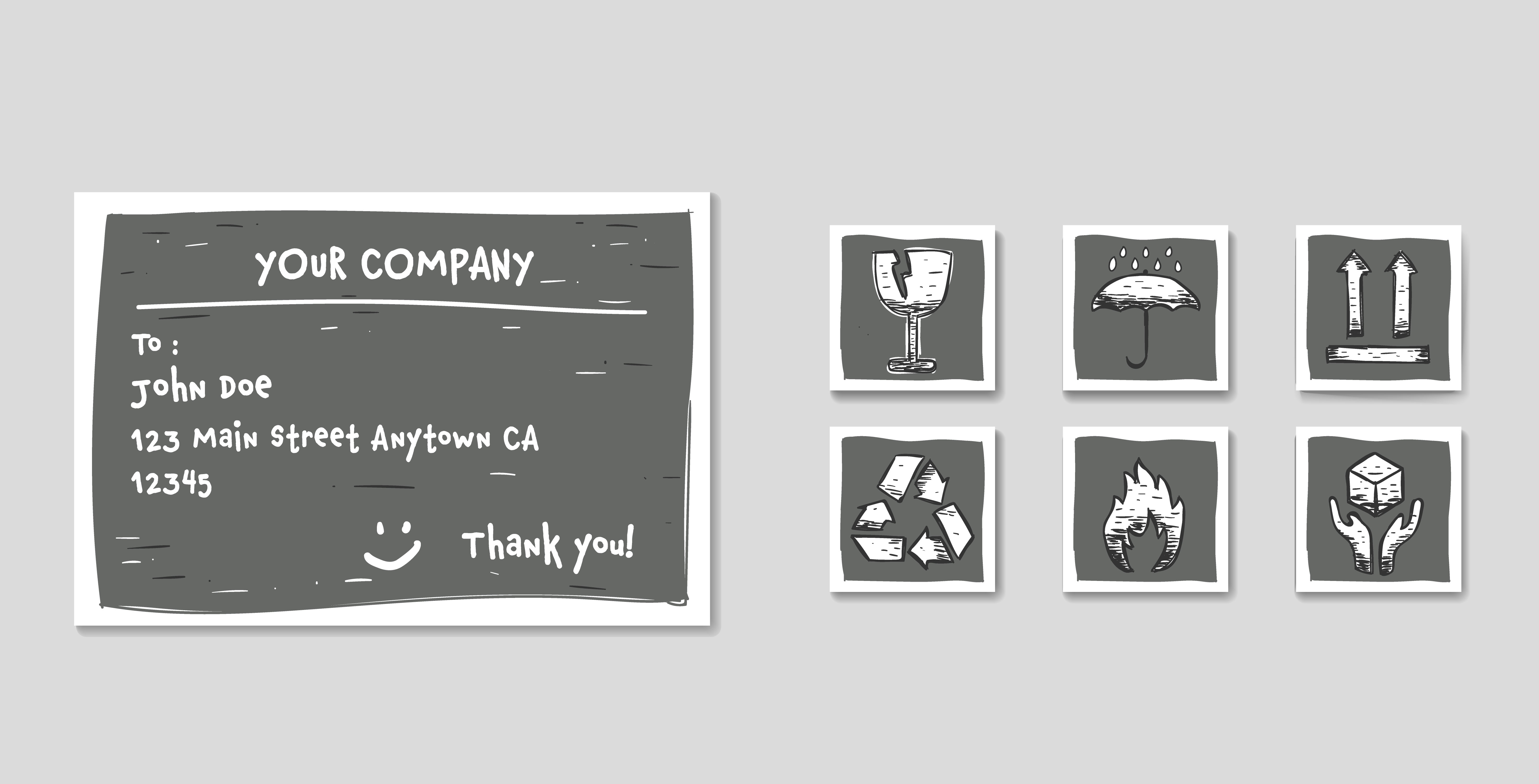 5888x3000 Shipping Label Set With Package Icon Set In Doodle Sketch Style