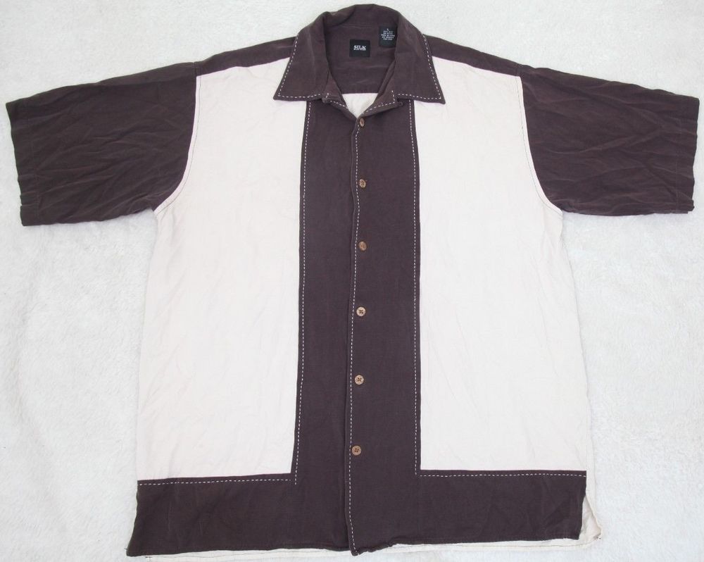 1000x798 Silk Icon Brown Beige Dress Shirt Large Short Sleeve Button Up