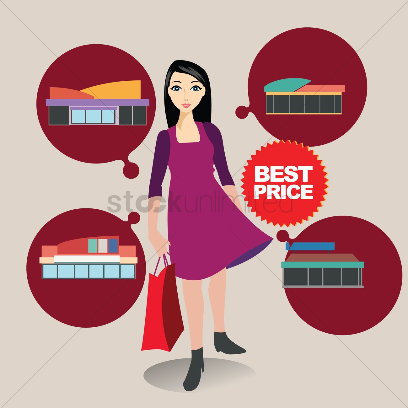 1300x1300 Woman With Shopping Bag And Shopping Mall Icons Vector Image