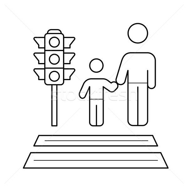 600x600 Child And Parent Crossing A Sidewalk Line Icon Vector