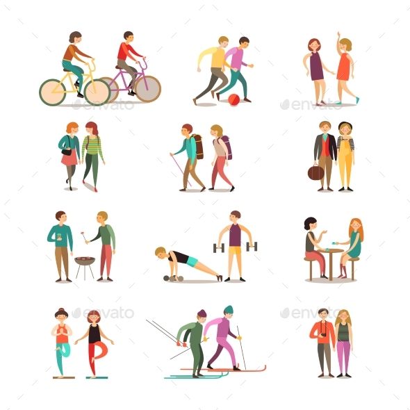 590x590 Friends And Hobbies Decorative Icons Set With Hiking Dancing