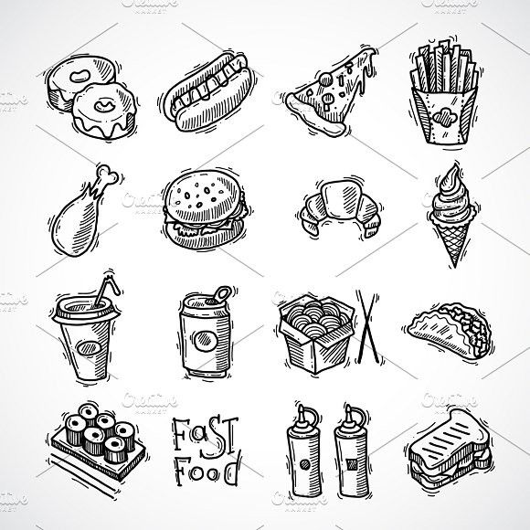580x580 Fast Food Sketch Icons Set Doodle Doodle Graphic Design Food