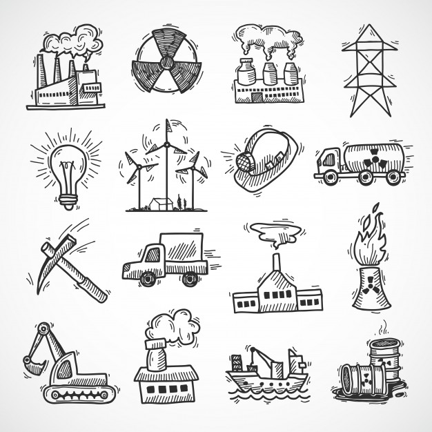 626x626 Industrial Sketch Icon Set With Oil Fuel Electricity And Energy