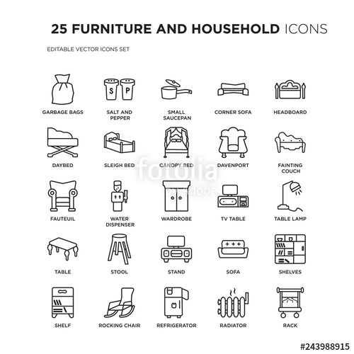 500x500 Set Of Furniture And Household Linear Icons Such As Garbage