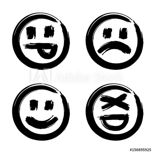 500x500 Hand Drawn Set Of Emoticons, Ink Brush Emoji Smiley Icon