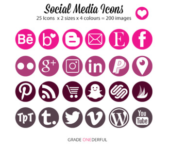 350x305 Social Media Icons Snapchat, Periscope, Twitter, Facebook, Pink