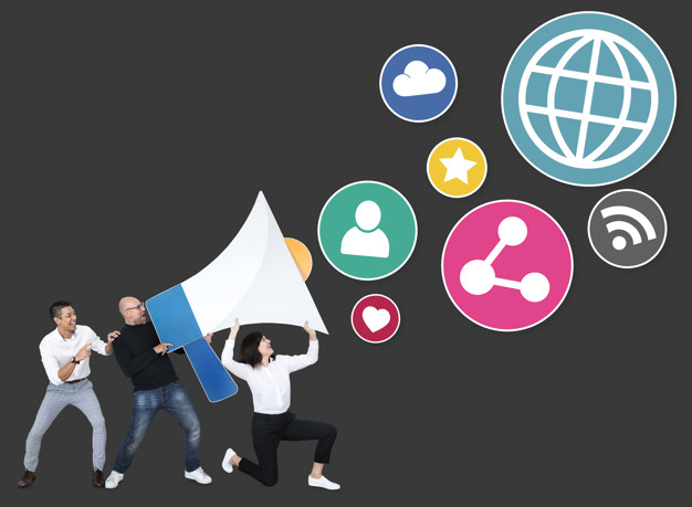 626x459 People With A Megaphone And Social Media Marketing Icons Photo