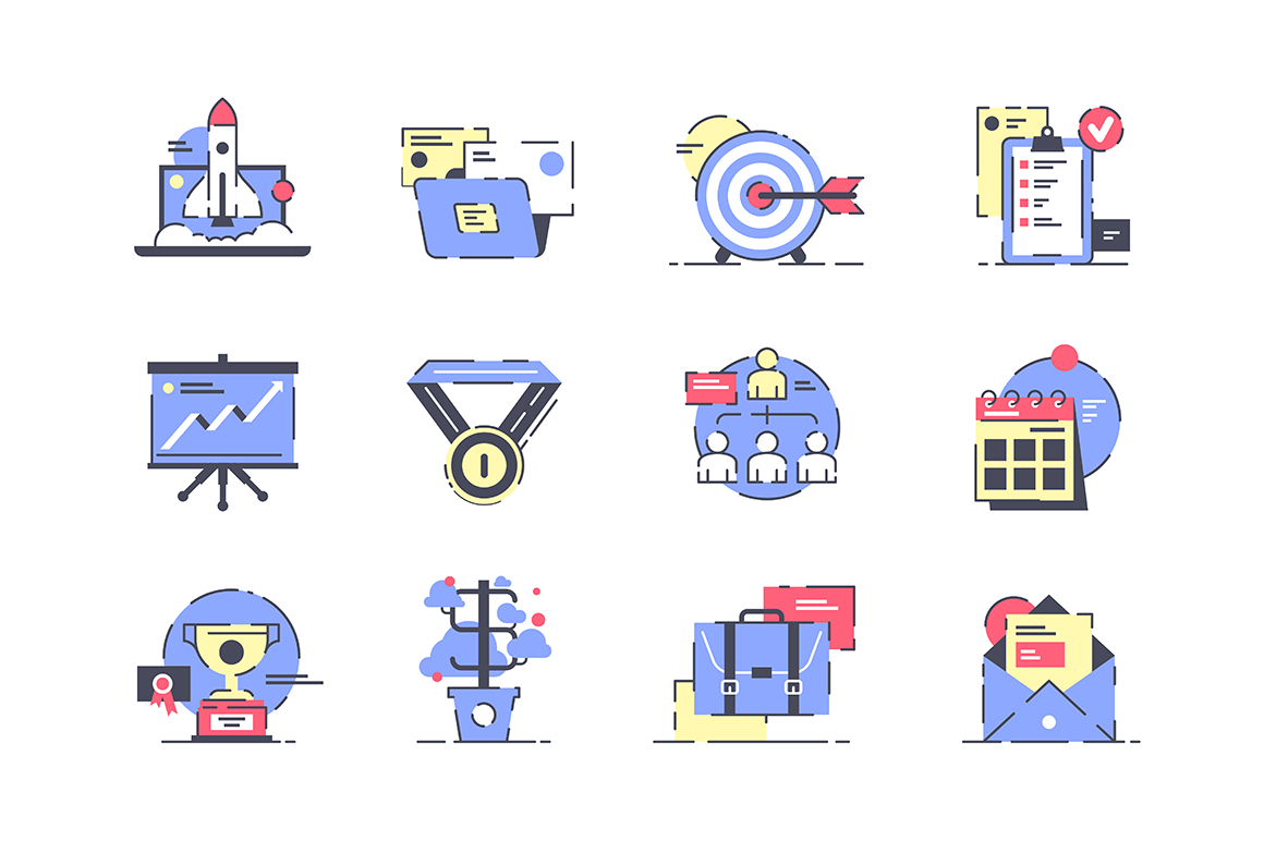 1160x772 Flat Startup Icon Set With Rocket, Presentation And Development