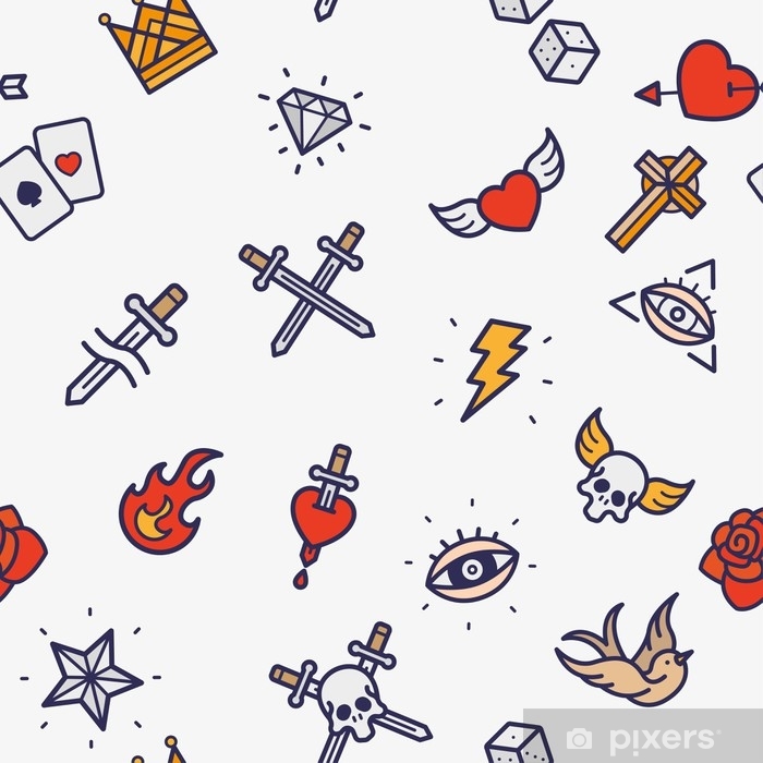 700x700 Seamless Pattern Vintage Old School Tattoo Minimal Color Flat Line