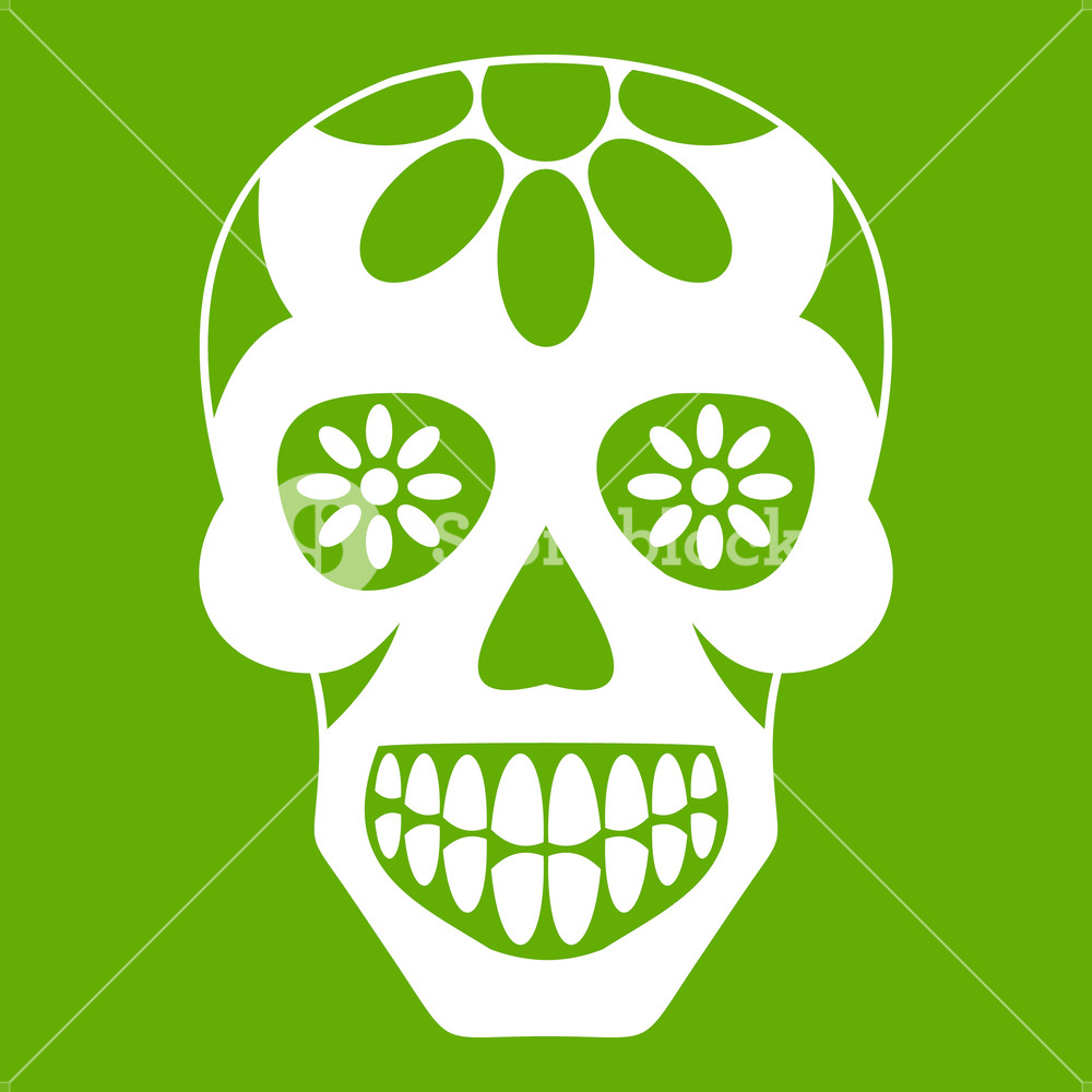 1000x1000 Sugar Skull, Flowers On The Skull Icon White Isolated On Green