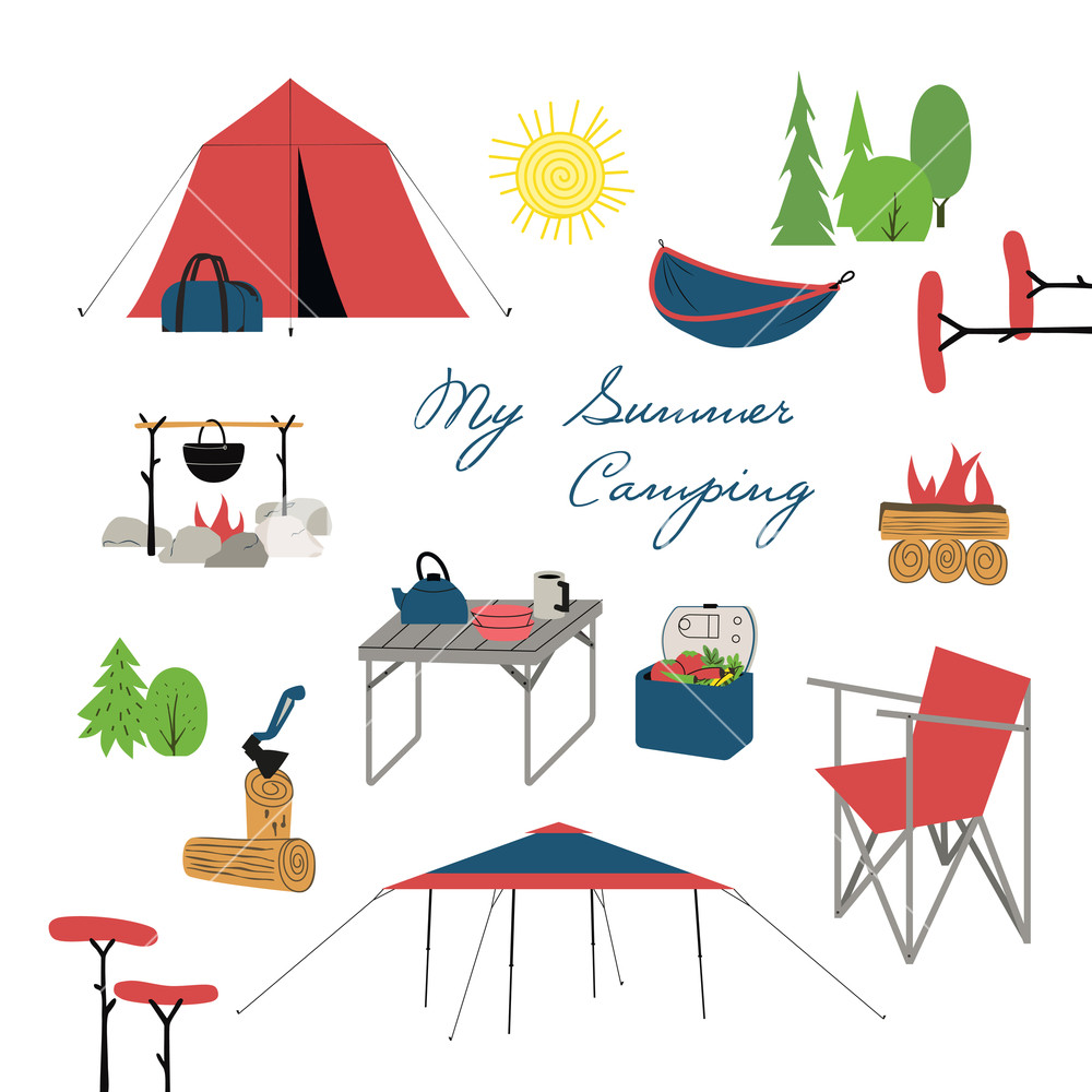 Summer Camping Icon Set Tourist Camp Equipment Cartoon Signs 1000x1000 Summer Camping Icon Set Tourist Camp Equipment Cartoon Signs