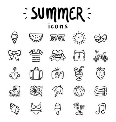 380x400 Summer Icons Outlined Vector Drawing Drawings, Bullet Journal