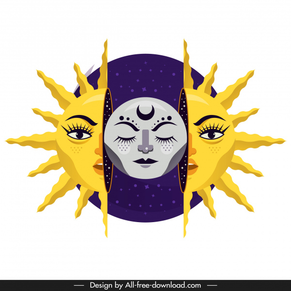 600x600 Sun Moon Icon Stylized Design Emotional Faces Decor Free Vector