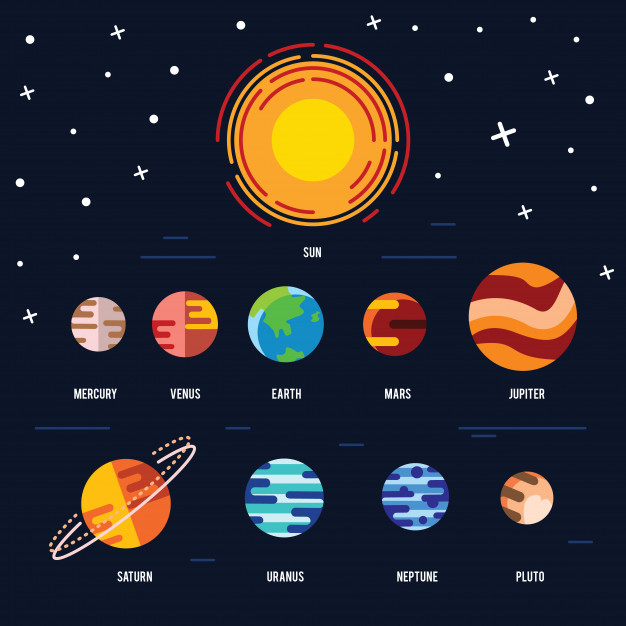 626x626 Flat Icon Set Of Solar System Planets, Sun And Moon On Dark Space