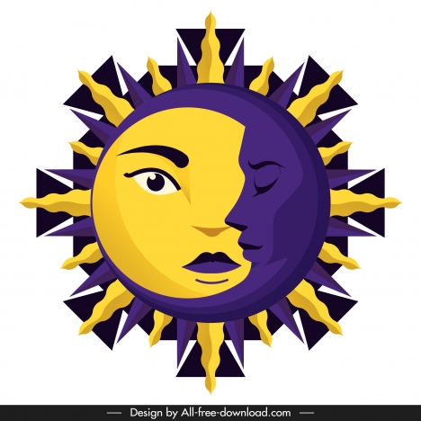 468x468 Sun Moon Icon Stylized Faces Yellow Violet Decor Vectors Stock
