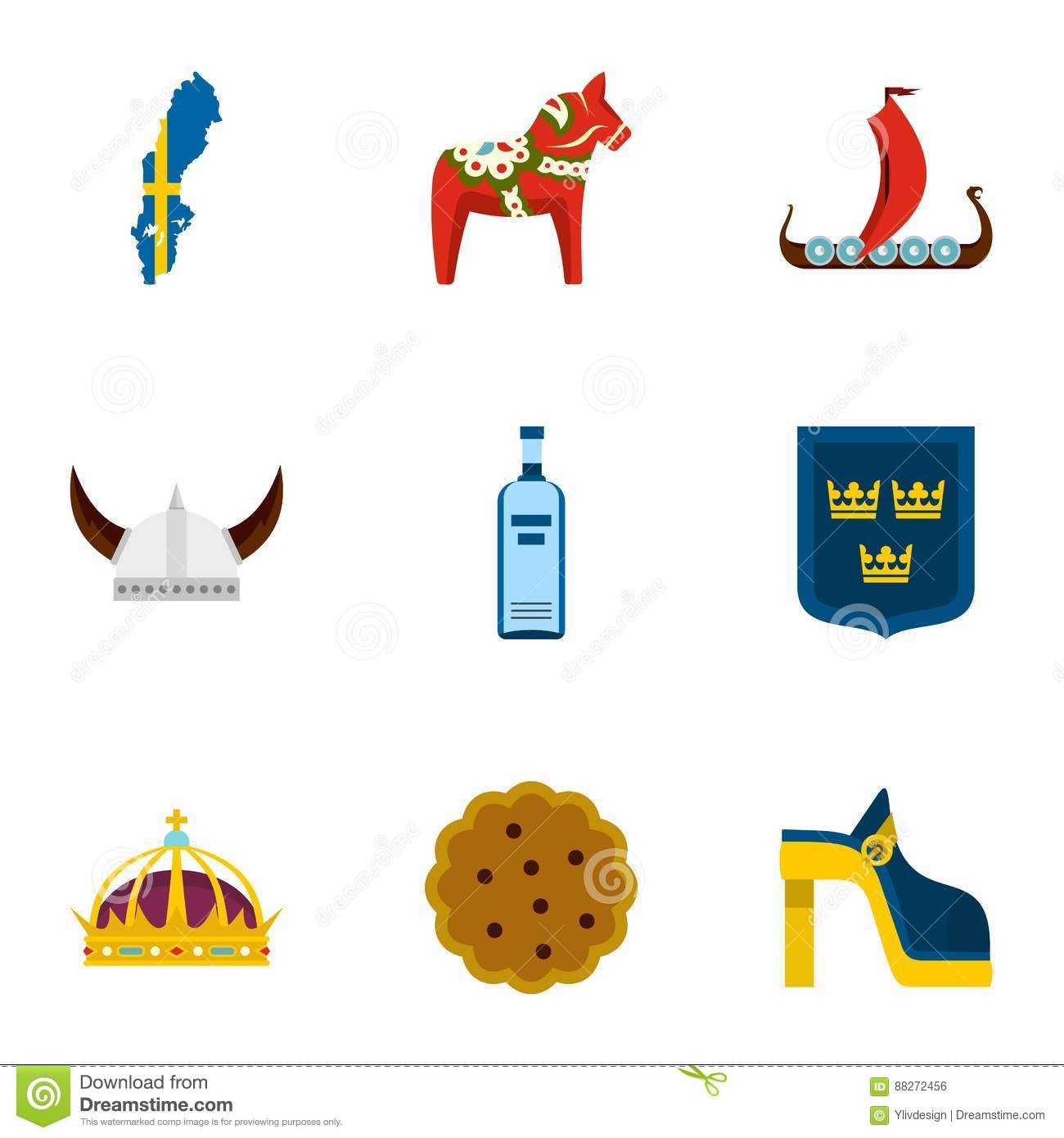 1300x1390 Symbols Of Sweden Icons Set, Flat Style Stock Vector