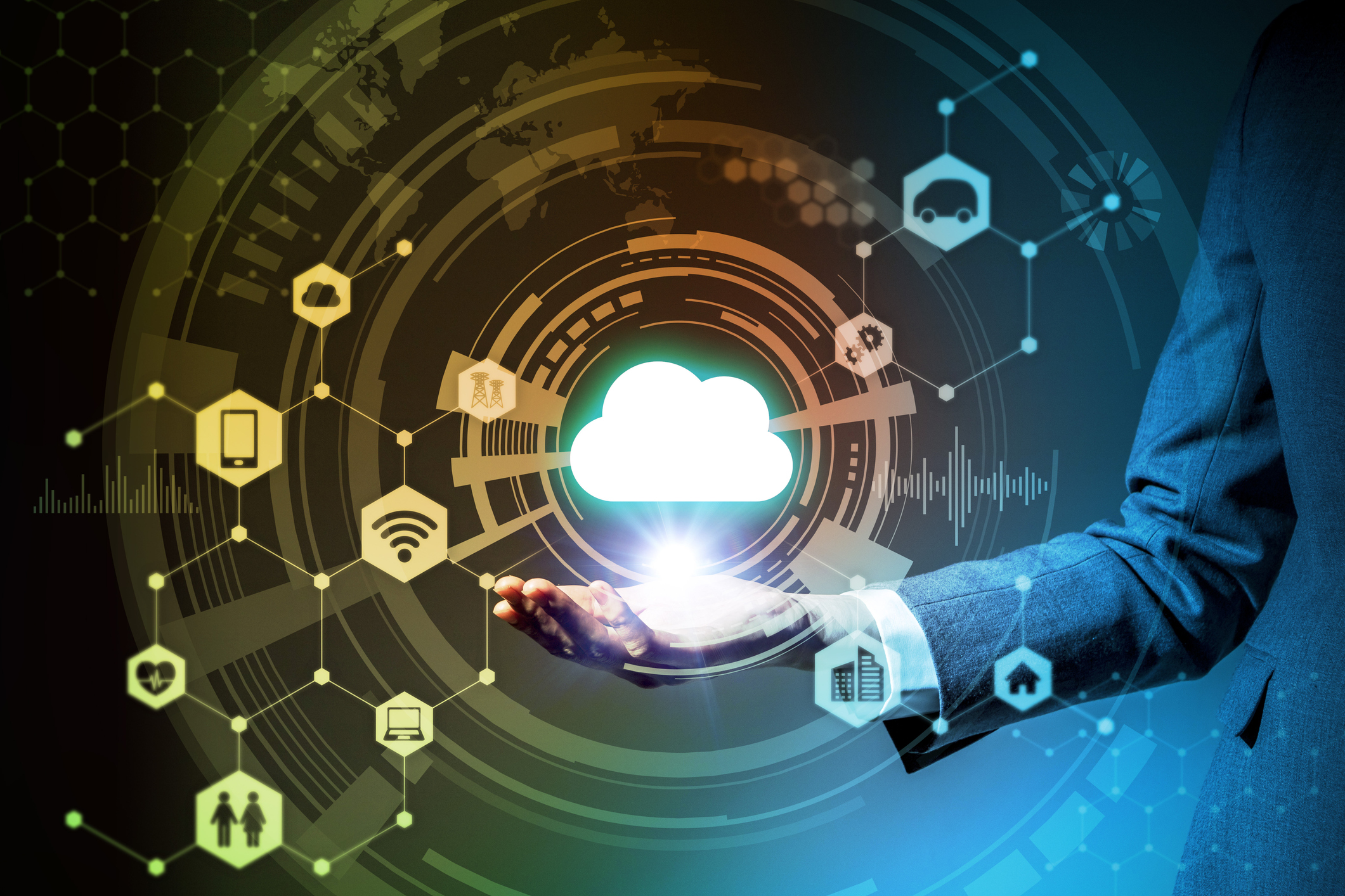 Business Woman Holds Symbolic Icon Of On Her Hand, Technological 2121x1414 Business Woman Holds Symbolic Icon Of On Her Hand, Technological