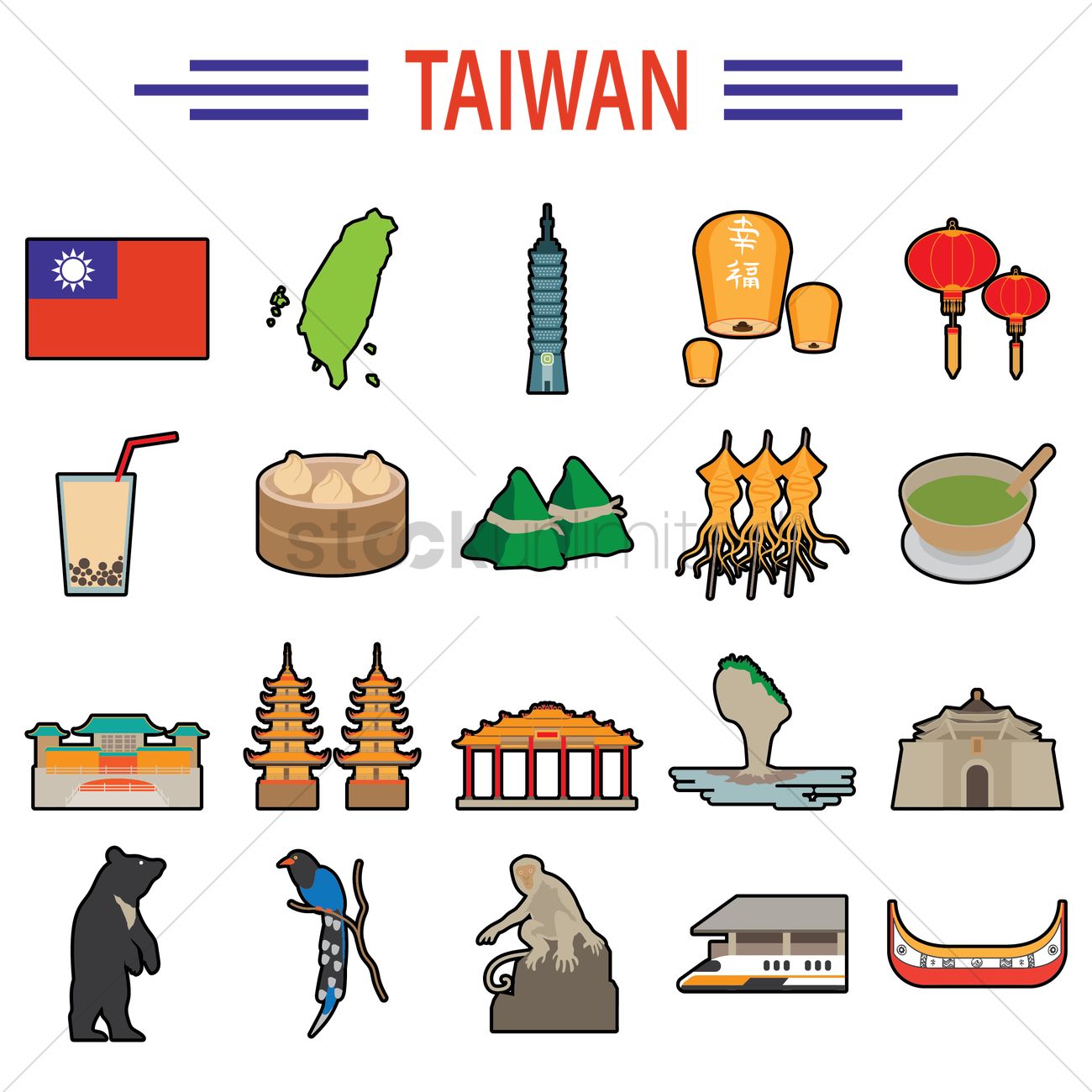 Set Of Taiwan Icons Vector Image 1300x1300 Set Of Taiwan Icons Vector Image