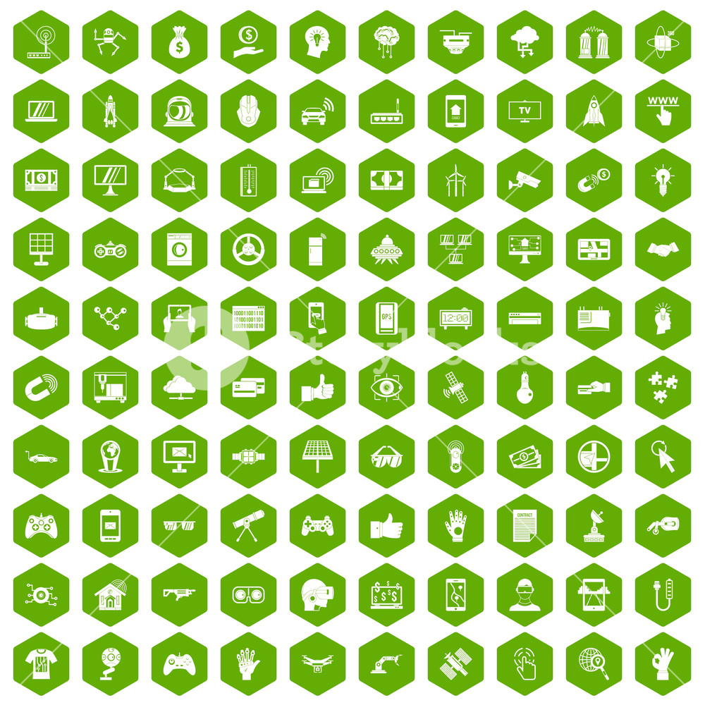 1000x1000 Hi Tech Icons Set In Green Hexagon Isolated Vector