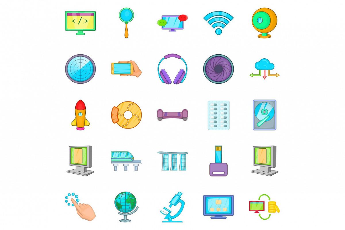 1200x800 Tech Icons Set, Cartoon Style
