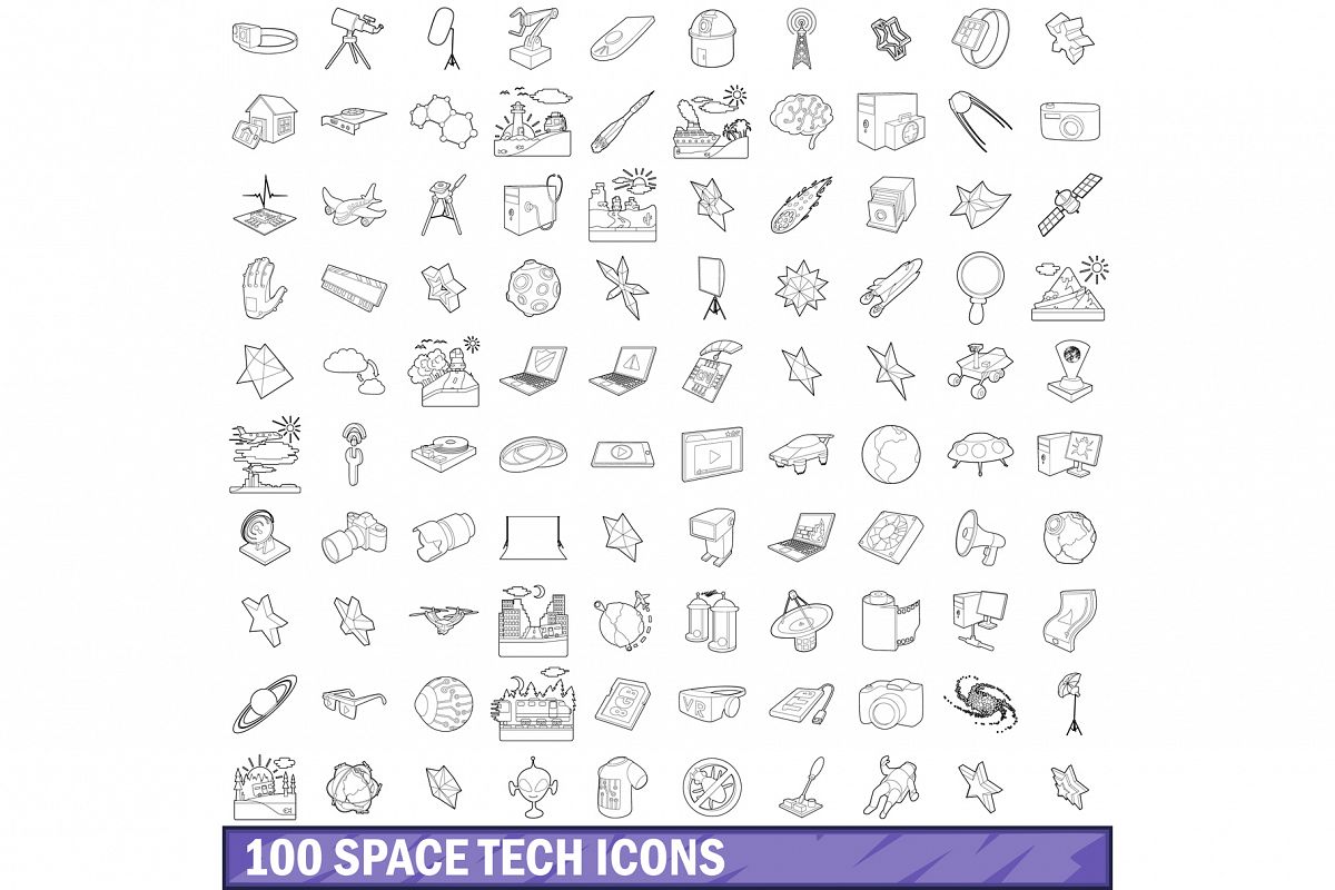 1200x800 Space Tech Icons Set, Outline Style