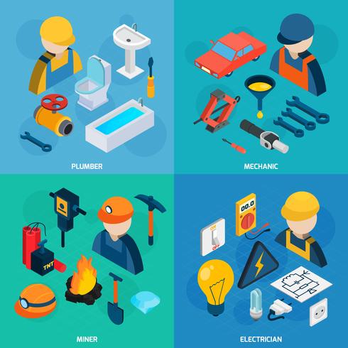 Technic Professions Isometric Icon Set 490x490 Technic Professions Isometric Icon Set