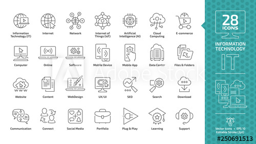 500x281 Information Technology Editable Stroke Outline Icon Set With It
