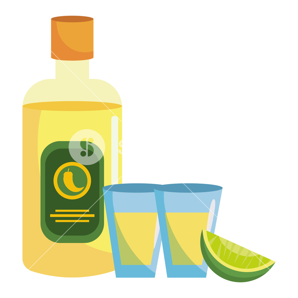 1000x1000 Mexican Icon Tequila Bottle With Lemon Cartoon Vector Illustration