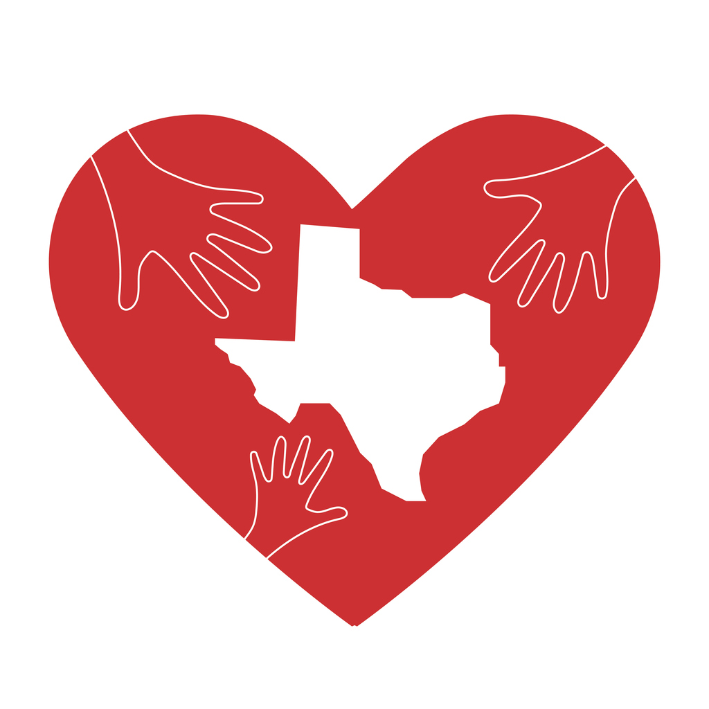 1024x1024 Vector Illustration Helping Hands, Heart And Texas Map Silhouette