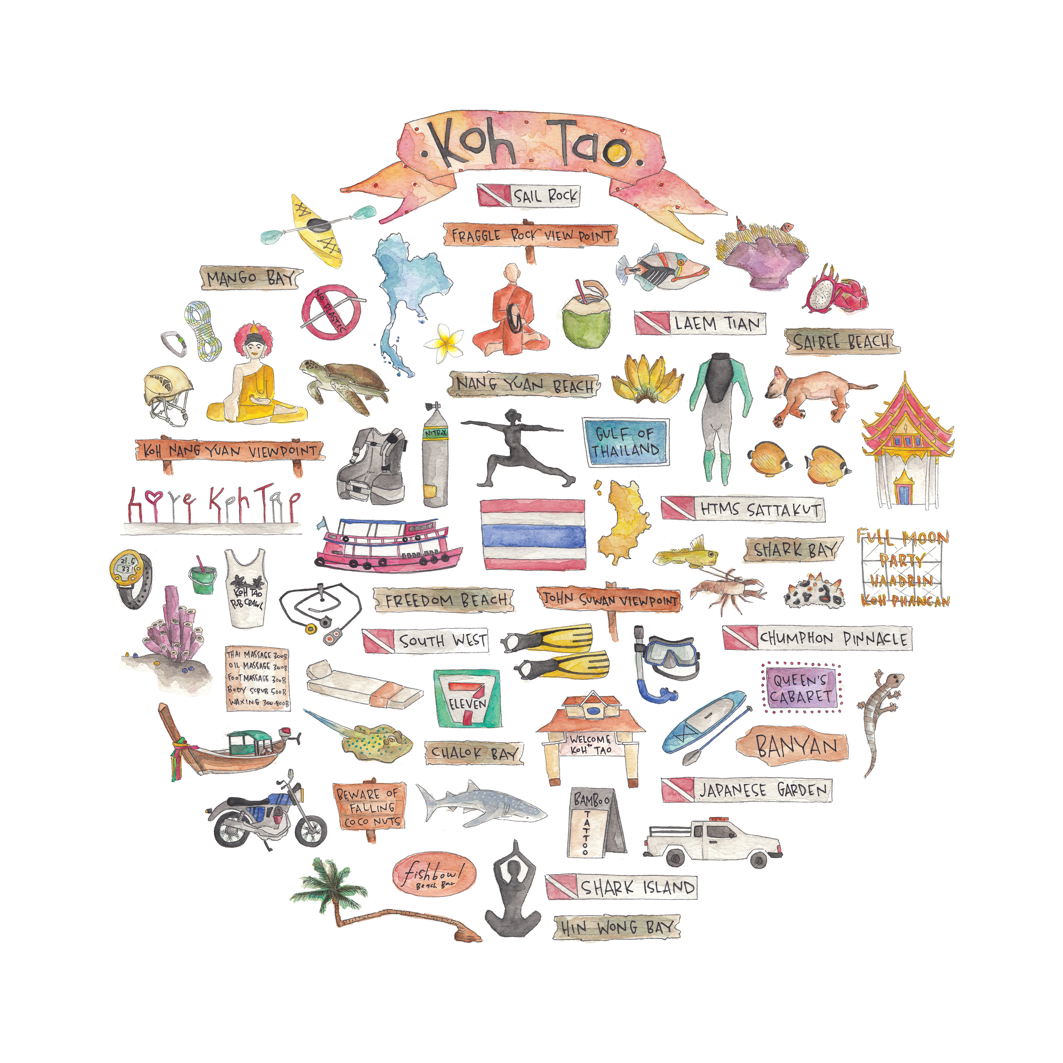 3600x3600 Koh Tao, Thailand Icon Watercolor Print