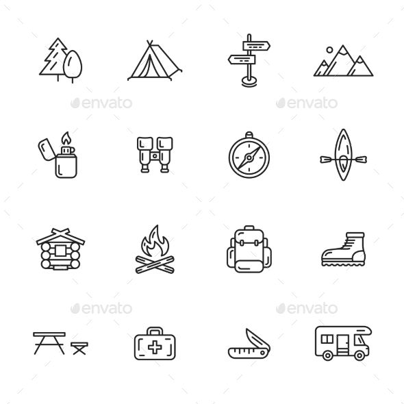 590x590 Camping, Hiking And Outdoor Thin Line Icons Includes The Following