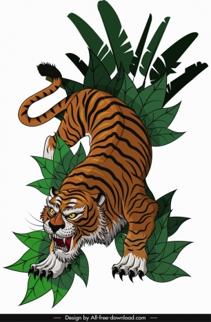 306x468 Tiger Icon Hunting Gesture Sketch Colored Cartoon Design Vectors