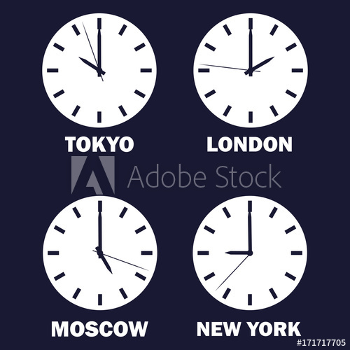 500x500 Set Of Clocks Showing The Time Difference In Different Time Zones