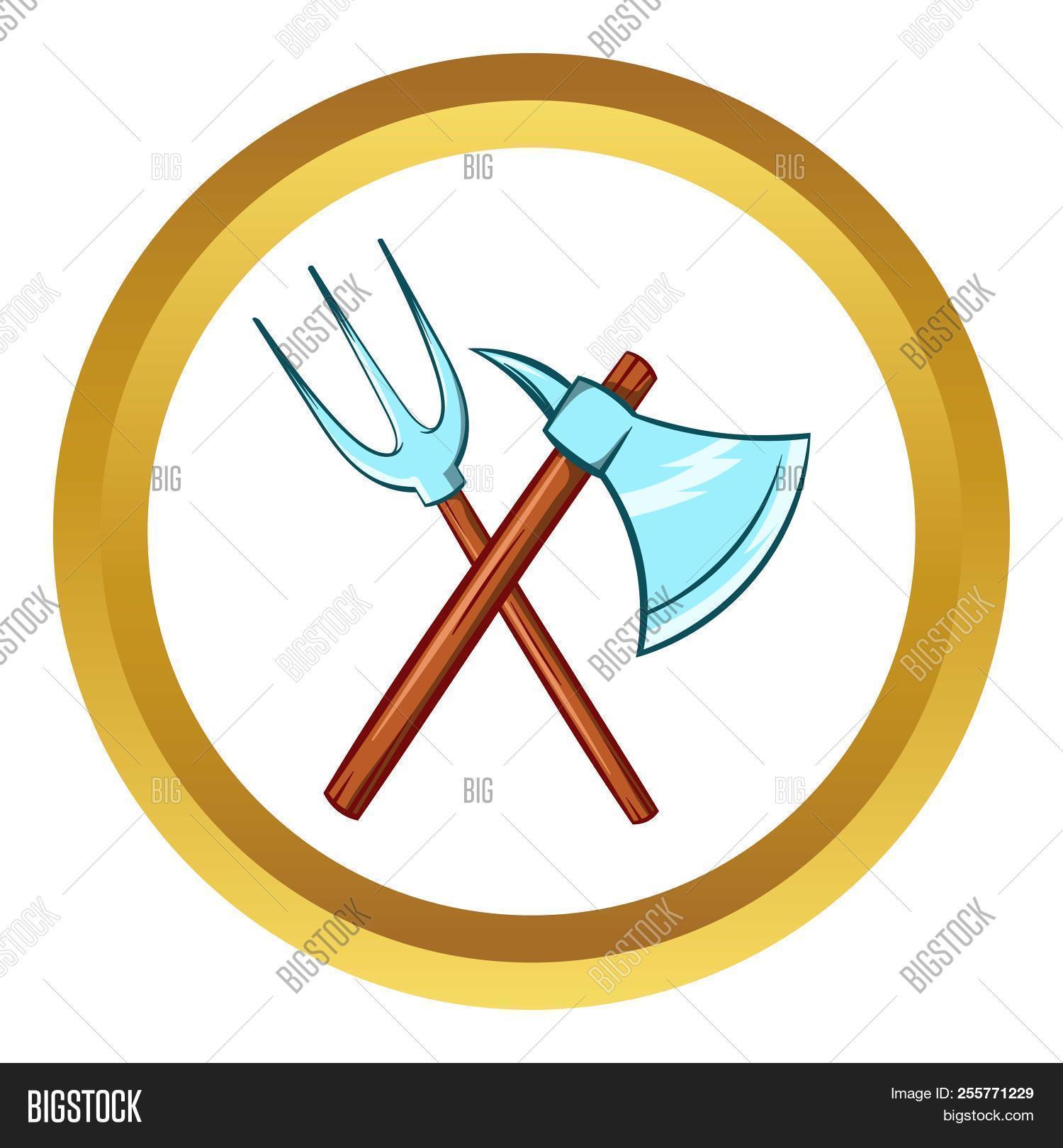 1500x1620 Ancient Axe And Trident Icon In Golden Circle Cartoon Image