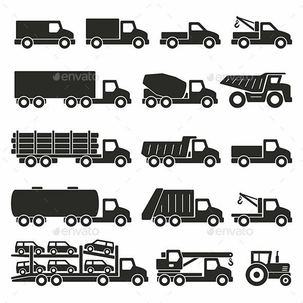 590x590 Trucks Icons Set Vector Silhouettes Of Vehicles Floral Graphics