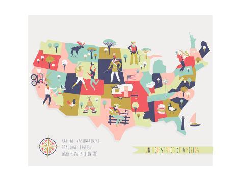 473x355 Cartoon Map Of Usa With Legend Icons Prints