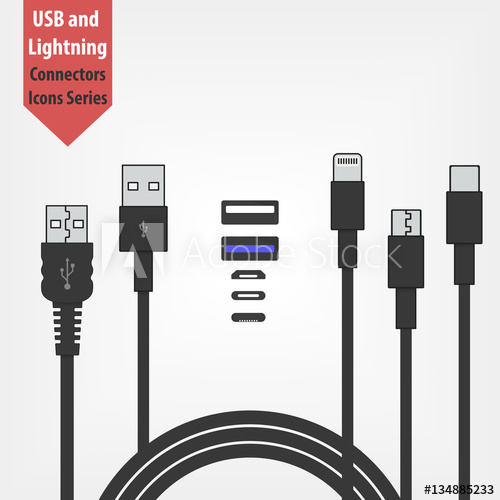 500x500 Set Of Usb And Lightning Interface Black Cables Isolated On White