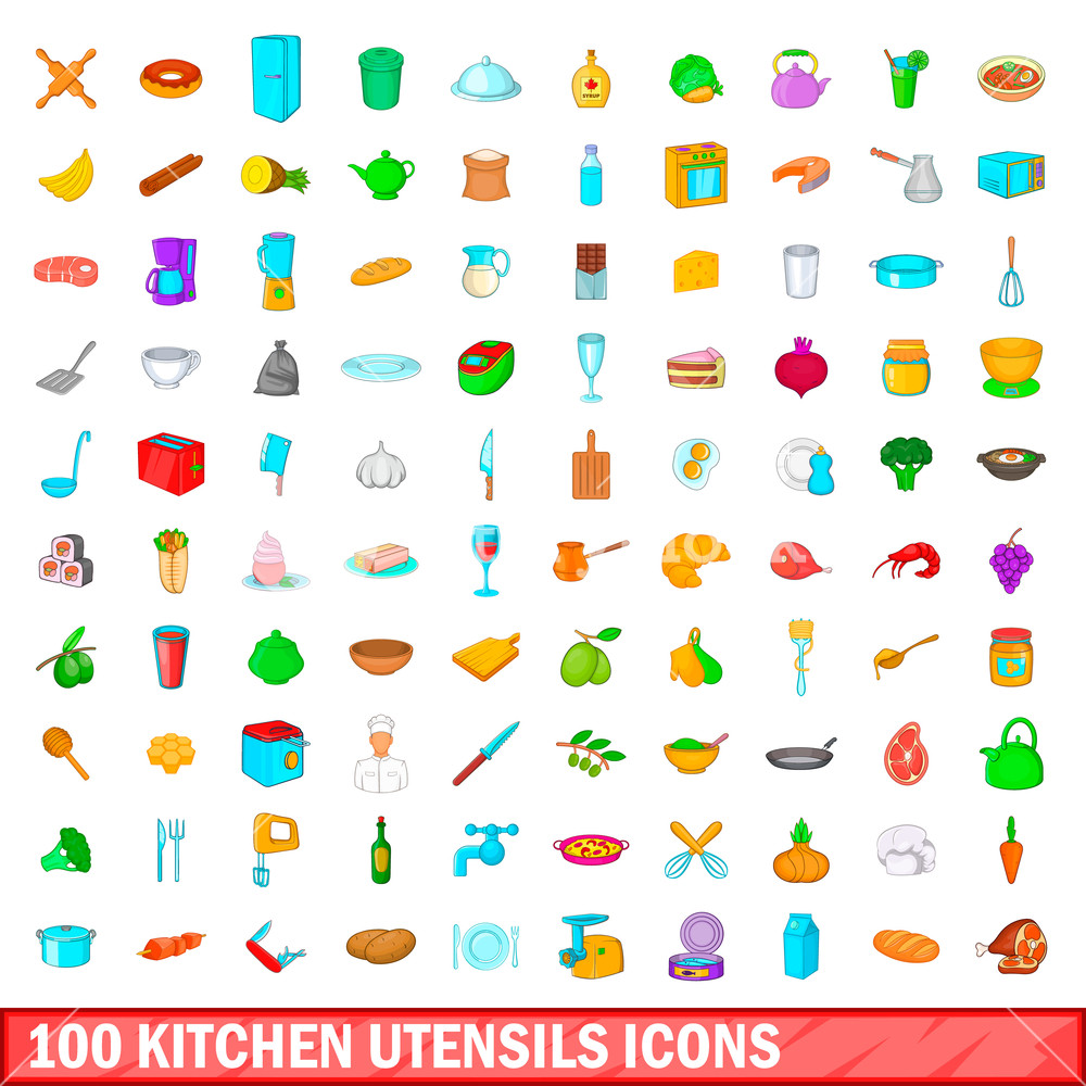 1000x1000 Kitchen Utensils Icons Set In Cartoon Style For Any Design