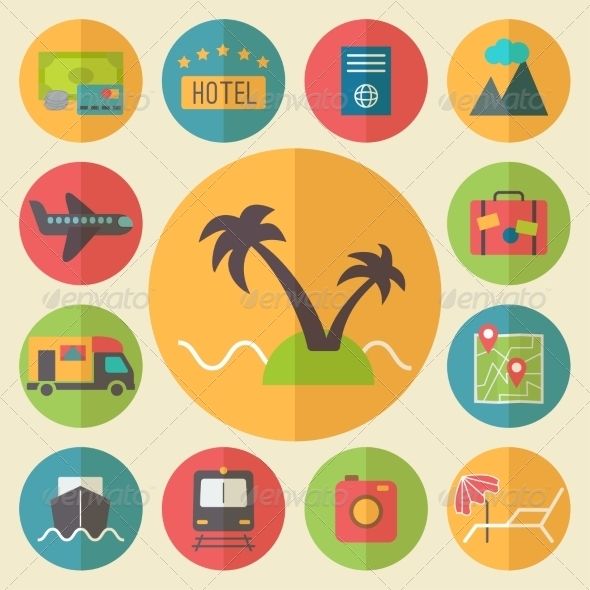 590x590 Travel, Tourism And Vacation Icons Set, Flat Design Vector