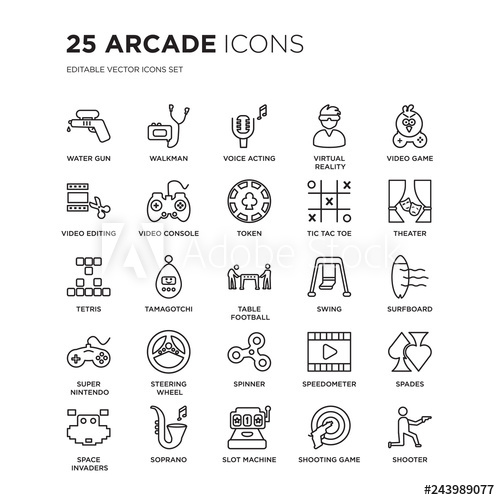 Set Of Arcade Linear Icons Such As Water Gun, Walkman, Voice 500x500 Set Of Arcade Linear Icons Such As Water Gun, Walkman, Voice