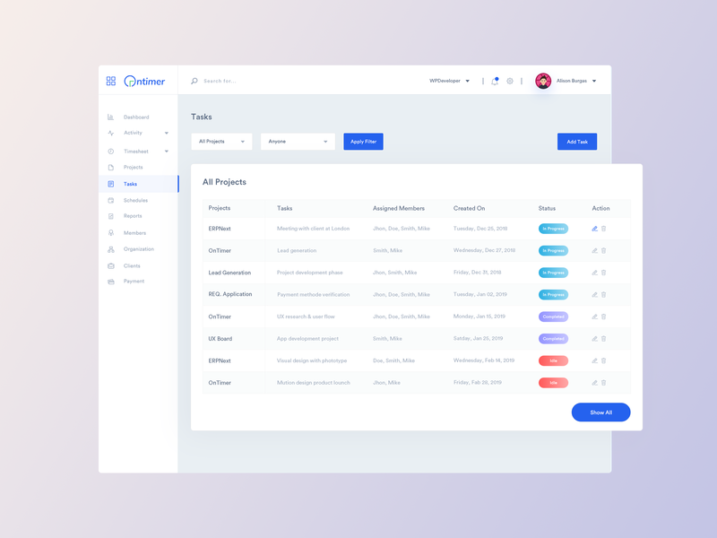800x600 Ontimer Time Tracking, Scheduling Monitoring Web App