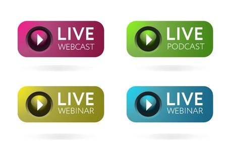 450x300 Live Webcast, Podcast, Webinar Button, Icon, Emblem, Label Vector