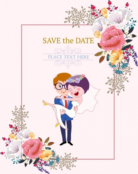 476x600 Wedding Card Template Happy Couple Icon Flowers Decor Free Vector