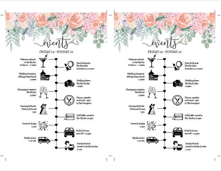 904x703 Romantic Vintage Rose Wedding Weekend Timeline, Printable Template