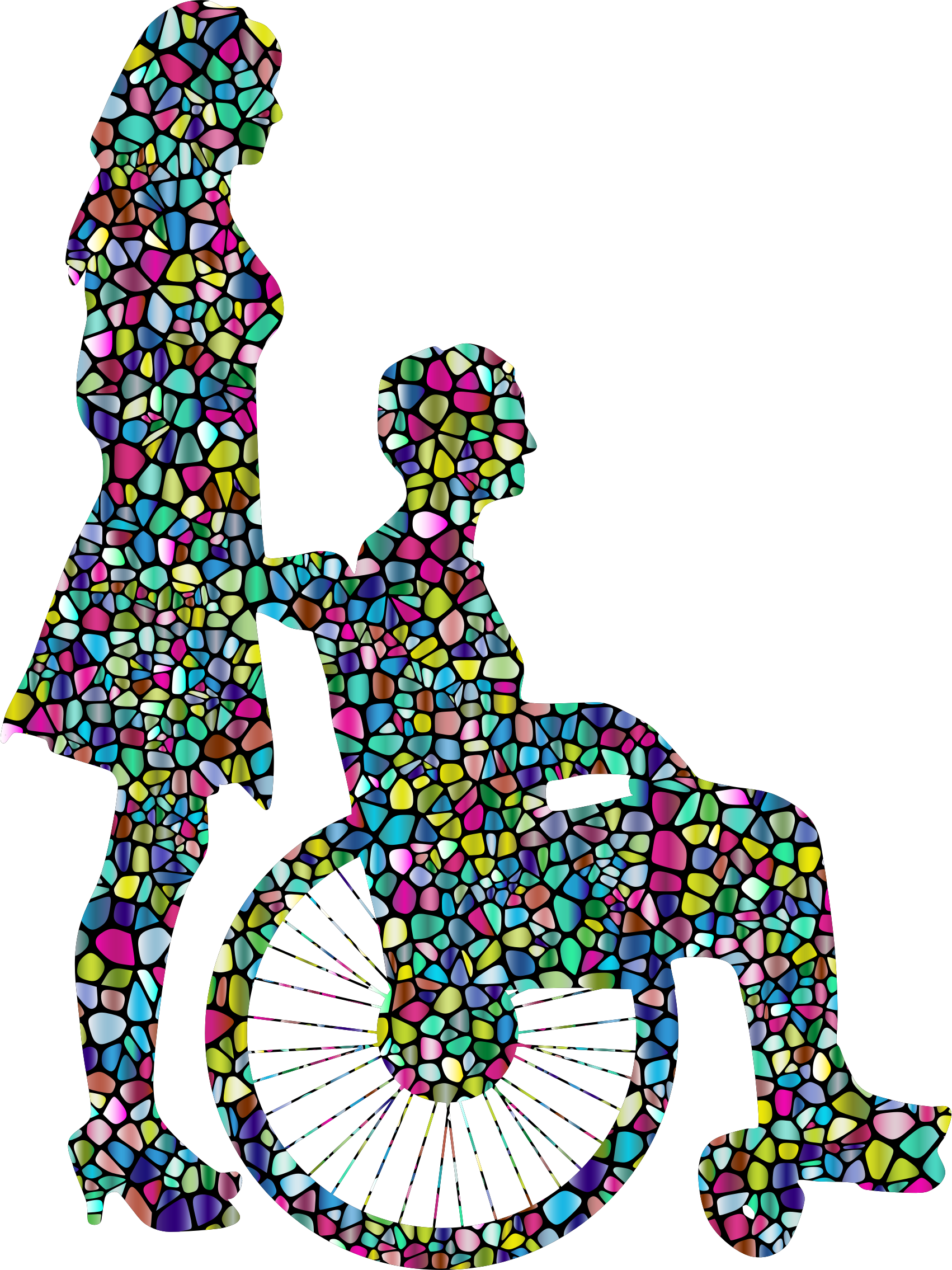 1702x2270 Polyprismatic Tiled Woman Pushing Man In Wheelchair Silhouette