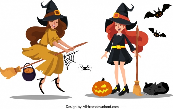 600x379 Witch Icon Cute Young Girls Sketch Colored Cartoon Free Vector