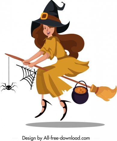 389x468 Witch Icon Flying Girl Broom Sketch Cartoon Character Vectors