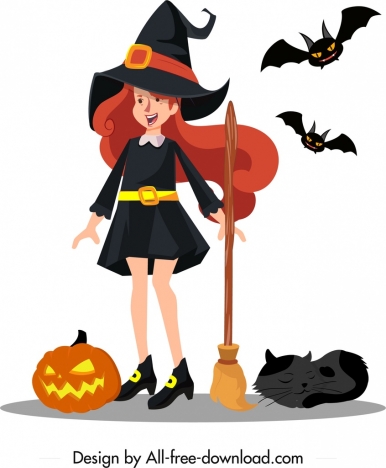 386x468 Young Witch Icon Cute Girl Sketch Cartoon Character Vectors Stock